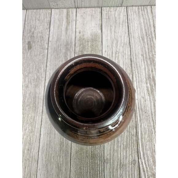 Vtg  4.5 inch Vase Stoneware Pottery Ceramic Dark Brown Galaxy Glaze MCM - Picture 5 of 7